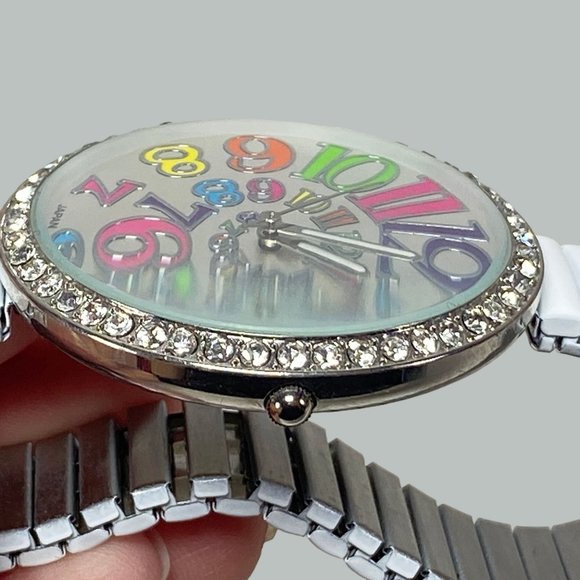 Geneva Platinum Womens Stretch White Band Round Rhinestone Face Colorful Numbers - Picture 7 of 9